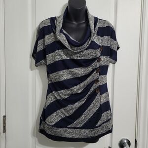 💲2️⃣ Eclipse Navy & Gray Striped Cowl Neck Top Sz Large